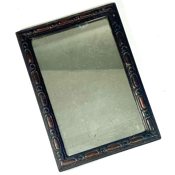 Antique Hand Carved Wood Framed Mirror Free Standing 7" x 10" Rustic Folk Art - Picture 3 of 12